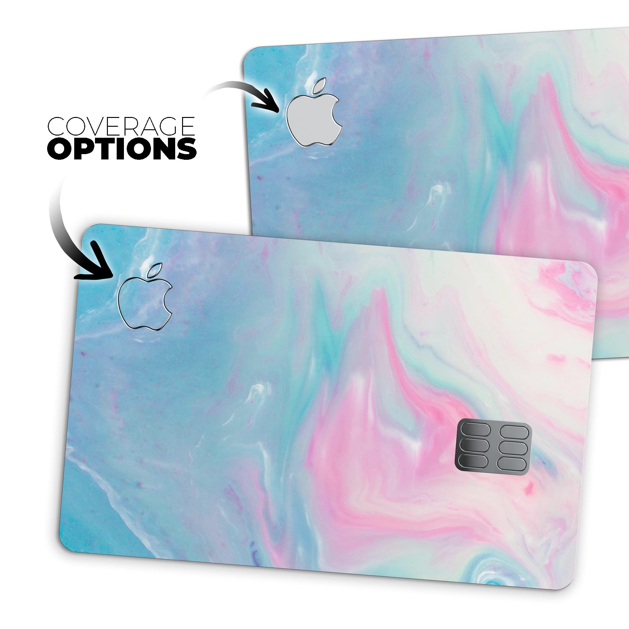 Marbleized Pink and Blue Paradise V482 decal applied on an Apple Card, showcasing its stylish design and premium finish.